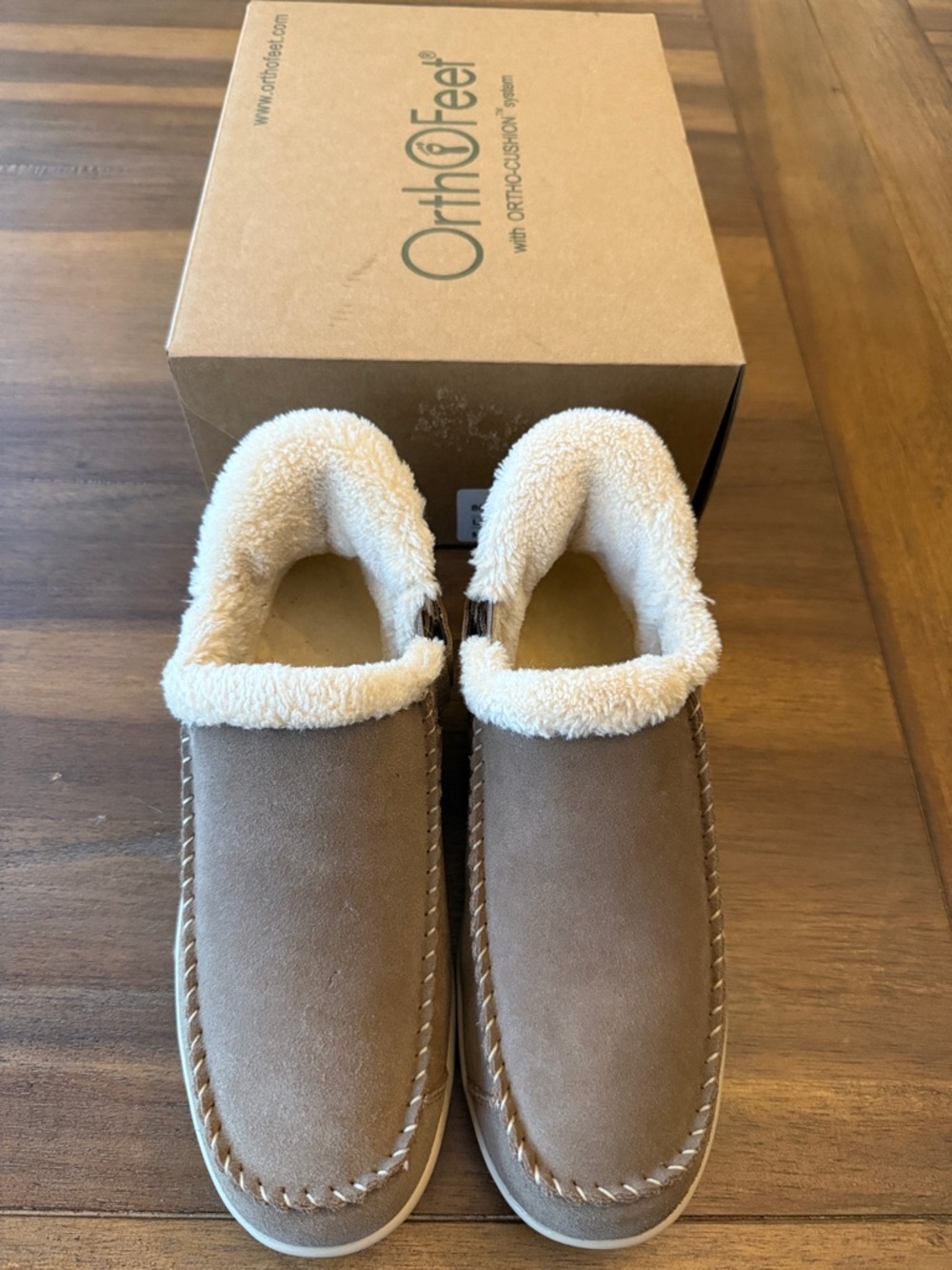 OrthoFeet Women's Tan Suede Slippers with Cream Fleece Collar